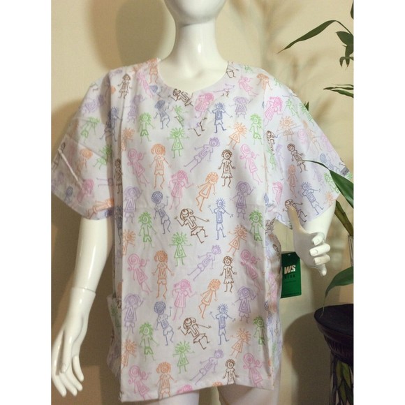 WS Gear Women's V-Neck Children Design Medical Scrub Top Uniform White 2XL - Picture 2 of 8